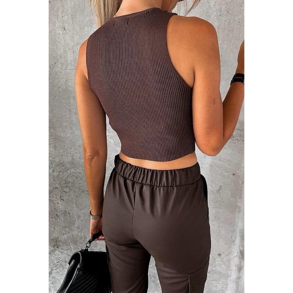 Brown Faux Leather Vegan Leather High Waist Cargo Utility Joggers Jogger Pants - Picture 8 of 10